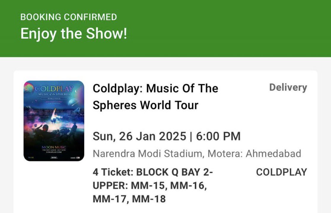 Shrey8299's tweet photo. I have 4 tickets for Coldplay Ahmedabad Show seated Together.. DM me if you need it

#coldplayahmedabad #Coldplay #coldplayconcert #coldplaylive #Coldplayticket #coldplayindia https://t.co/uhYDf8tFYF