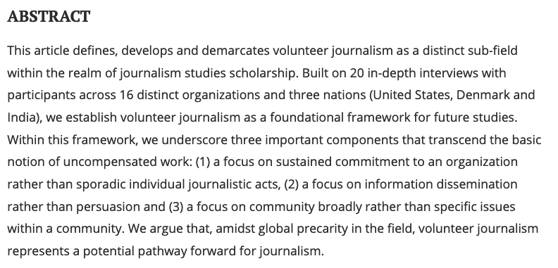 Nick Mathews (@nick_mathews) on Twitter photo New publication with brilliant collaborators <a href="/LeneHeiselberg/">Lene Heiselberg</a>, <a href="/pranaavj/">Pranav Jadhav</a> and <a href="/damioduolowu/">Damilola Oduolowu</a> is available from <a href="/JournPractice/">Journalism Practice & The J Word Podcast</a>! "Volunteer Journalism: Defining a sub-field of journalism studies." tandfonline.com/eprint/X3AZFRN… New publication with brilliant collaborators <a href="/LeneHeiselberg/">Lene Heiselberg</a>, <a href="/pranaavj/">Pranav Jadhav</a> and <a href="/damioduolowu/">Damilola Oduolowu</a> is available from <a href="/JournPractice/">Journalism Practice & The J Word Podcast</a>! "Volunteer Journalism: Defining a sub-field of journalism studies." tandfonline.com/eprint/X3AZFRN…