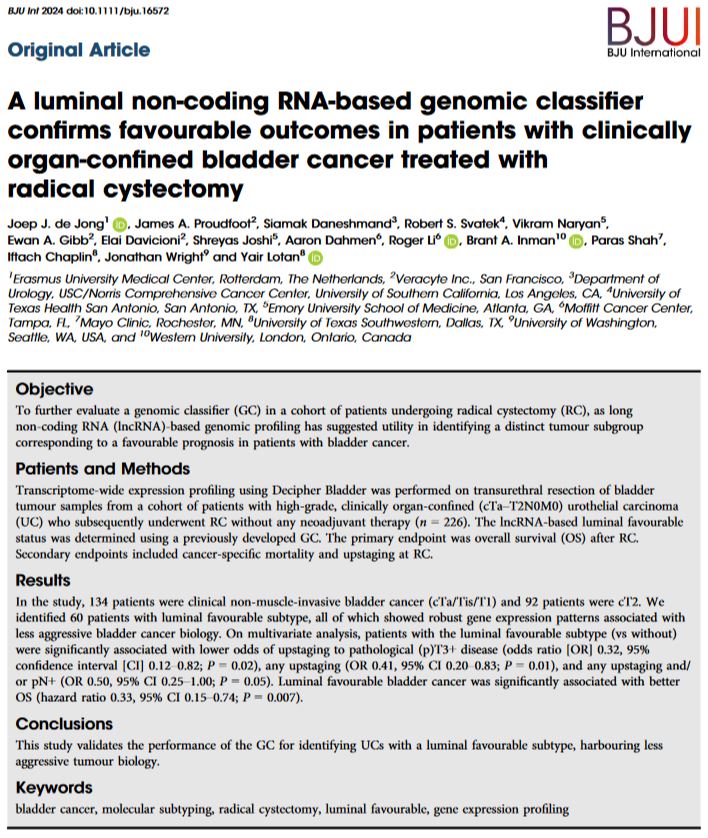 BJU International (@bjuijournal) on Twitter photo The non-coding RNA based classifier identifies urothelial carcinomas harboring less aggressive tumor biology associated with favorable outcomes after radical cystectomy
<a href="/JoepJdeJong/">Joep J. de Jong</a> <a href="/UTSWUrology/">UT Southwestern Urology</a> <a href="/siadaneshmand/">Sia Daneshmand, M.D.</a> <a href="/UrogerliMD/">Roger Li</a> <a href="/Davicioni/">Elai Davicioni</a> <a href="/Decipher_VCYT/">Decipher by Veracyte</a>
doi.org/10.1111/bju.16… The non-coding RNA based classifier identifies urothelial carcinomas harboring less aggressive tumor biology associated with favorable outcomes after radical cystectomy
<a href="/JoepJdeJong/">Joep J. de Jong</a> <a href="/UTSWUrology/">UT Southwestern Urology</a> <a href="/siadaneshmand/">Sia Daneshmand, M.D.</a> <a href="/UrogerliMD/">Roger Li</a> <a href="/Davicioni/">Elai Davicioni</a> <a href="/Decipher_VCYT/">Decipher by Veracyte</a>
doi.org/10.1111/bju.16…