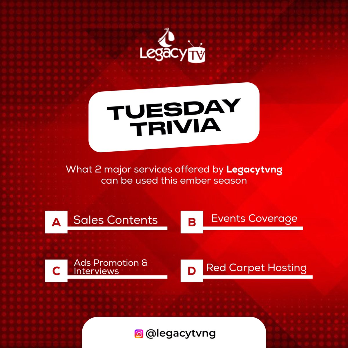 legacytvng's tweet photo. This weekβs #triviatuesday is coming with a priceπ€
Type the correct answer in the comments and get airtime giveaway. 3 winners will be picked.
This #giveaway is active for the next 10 hours only. Letβs goπ«΅πΏπ₯
#embersales #emberseason #ember #seasonsgreetings #incoming https://t.co/Okb61XaGSR