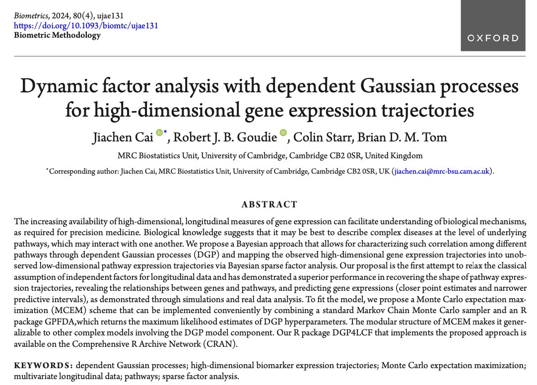 New <a href="/Biometrics_ibs/">IBS Biometrics Journal</a> paper by Jiachen Cai, me, others <a href="/MRC_BSU/">MRC Biostatistics Unit</a> 

We model high-dim gene expression trajectories through latent dynamic factors, which we allow to be correlated by using dependent Gaussian Processes

Paper: doi.org/10.1093/biomtc…
R-package: cran.r-project.org/package=DGP4LCF