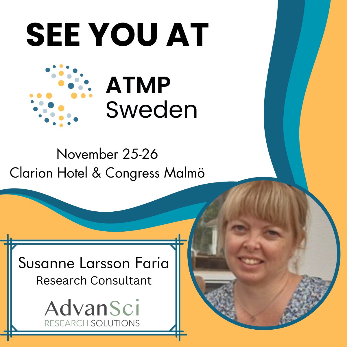 AdvansciC's tweet photo. Our research consultant, Susanne, will be at the ATMP Sweden meeting next week in Malmö! Will she see you there?

#ATMPSweden #ATMP2024 #Networking #LifeSciences #ResearchConsultant #HealthTech #ClinicalTrials https://t.co/QJPCS8MlfV
