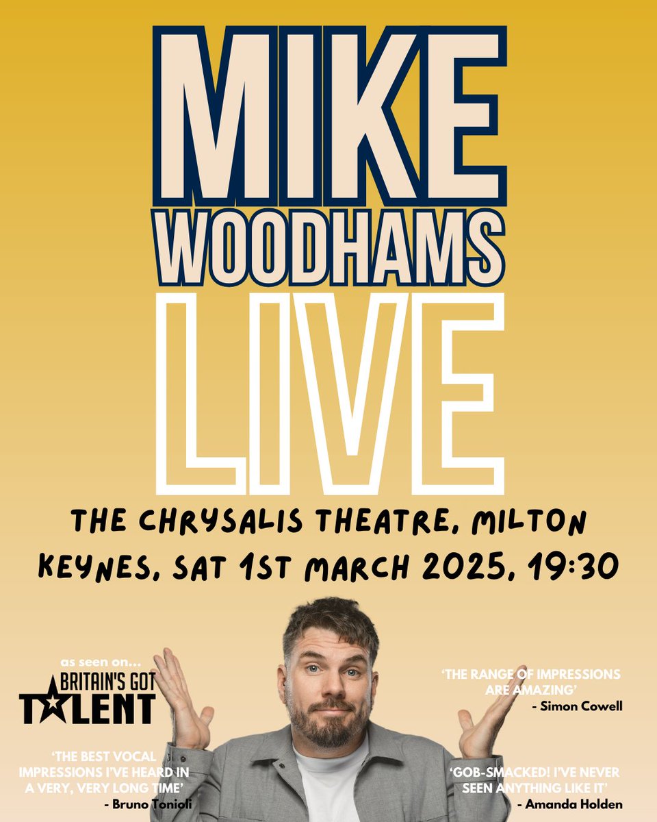 Join us for Mike Woodhams LIVE! on 1st Mar '25.
Accompanied by his band, this in-person event promises to be a night to remember, filled with live music, laughter &amp; good vibes.
Tickets here - eventbrite.co.uk/e/mike-woodham…

#ChrysalisMK #LoveMK #MikeWoodhams #Comedy #LiveMusic