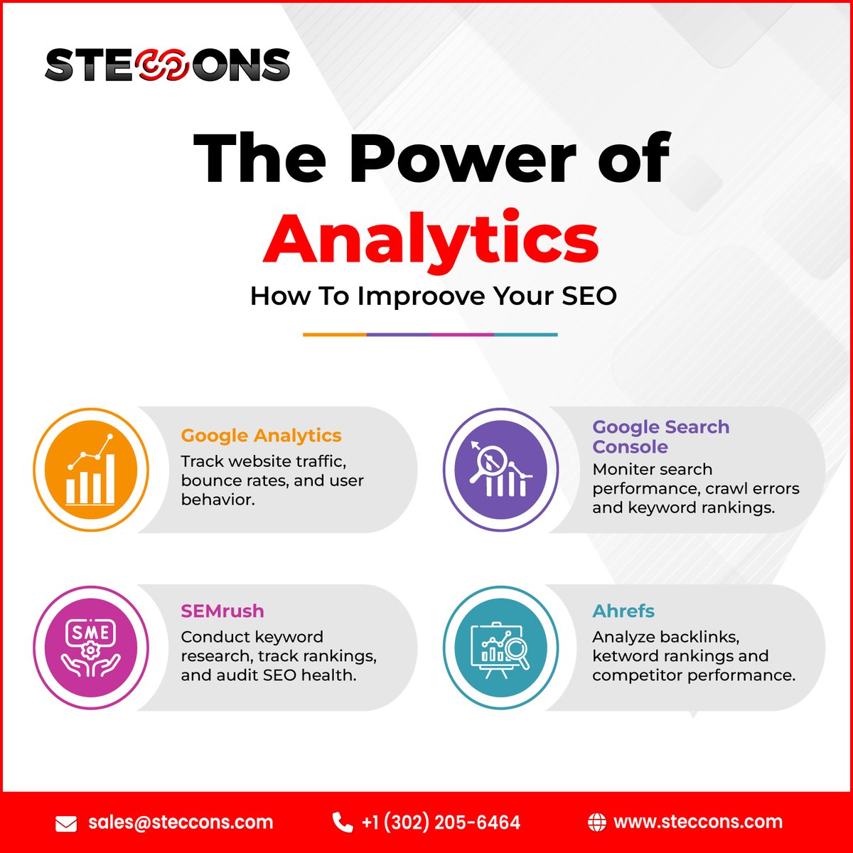 StecconsTech's tweet image. Supercharge your SEO with the right tools! 🚀 Track website traffic, monitor keyword rankings, and analyze backlinks using Google Analytics, Google Search Console, SEMrush, and Ahrefs.

Ready to optimize your strategy? Contact @StecconsTech now!

#digitalmarketing #Google #seo