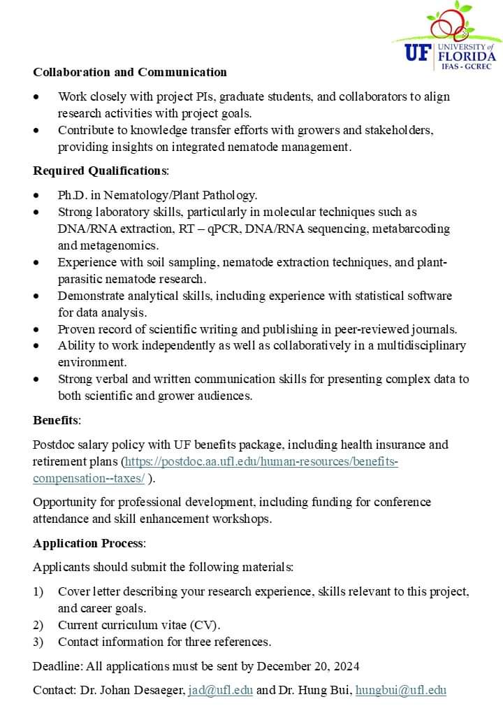 We are looking for a postdoc to work on RKN detection and identification in a 2 year project. Application deadline is Dec 20, 2024.