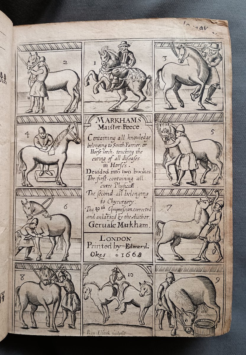MarshsLibrary's tweet photo. The title page of a 1668 edition of 'Markhams Maister-Peece', Gervase Markham's seminal book on the care of horses #TitlePageTuesday https://t.co/qf0hWCEtEM