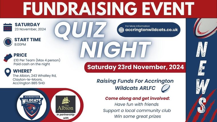 WildcatsARLFC's tweet photo. JOIN US ON SATURDAY 23RD FOR OUR QUIZ NIGHT #Pitchero
https://t.co/vNGxiesJIK https://t.co/GhEkEtvZDR