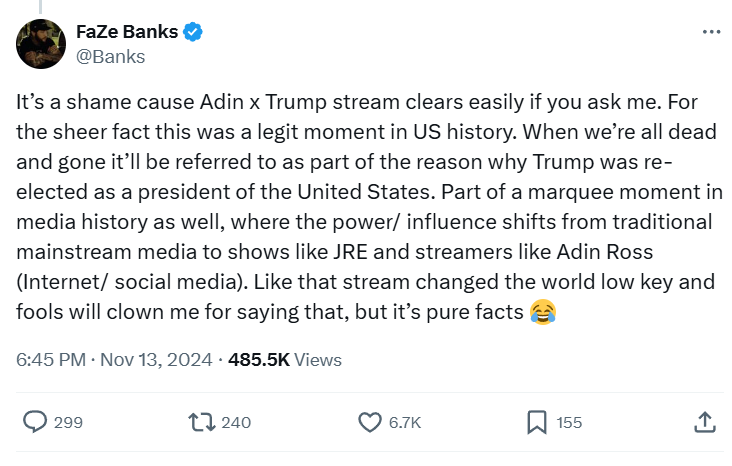 JakeSucky's tweet photo. FaZe Banks on Adin Ross x Donald Trump stream

"It was a legit moment in US history... that stream changed the world low key and fools will clown me for saying that, but it's pure facts" https://t.co/216TyhnBLg