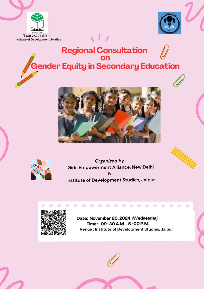 IDS_JPR's tweet image. Institute of Development Studies (IDS), Jaipur and Girls Empowerment Alliance, New Delhi hosting &quot;Regional Consultation on Gender Equity in Secondary Education&quot; on November 20, 2024 from 09:30 AM to 05:00 PM at Conference Hall, IDS, Jaipur. #gender #education #secondaryeducation