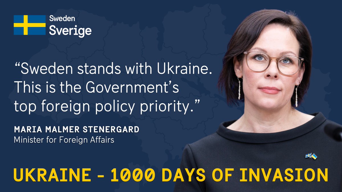 One thousand days have passed since Russia launched its full-scale invasion of Ukraine.

Through extensive military, civil, humanitarian and economic support, Sweden continues to stand with Ukraine. To help them win the war, but also peace. 🇸🇪🇺🇦

#SlavaUkraini