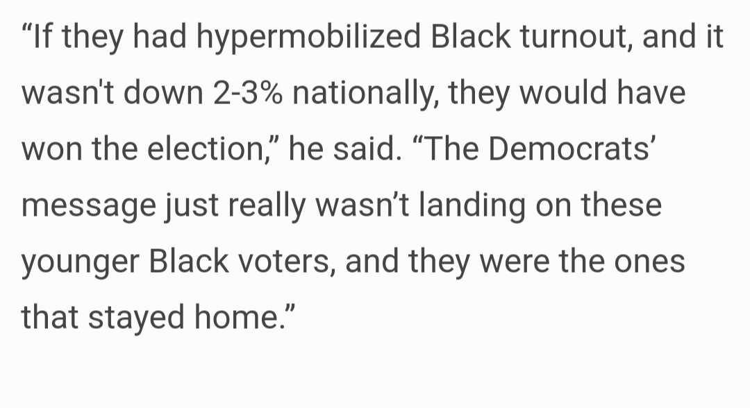 Marcel4Congress's tweet photo. In Georgia, a crucial swing state, black voters were the only group who DECREASED in turnout compared to 2020.

The article cited that a nationwide 2% to 3% increase in black voter turnout would have won Kamala the election. However, the DemoRATS spent the past four years (60 years to be exact) telling Black Americans (Freedmen) that they cannot do anything for us while doling out trillions for corporations, illegals, foreign nations, and more. 

As many others and I have stated, black voters staying home and shifting towards Trump led to the Democrats' defeat.

I am absolutely ecstatic this has happened, and may the DemoRATS lose many more elections for their decades long abuse of Black Americans (Freedmen).
