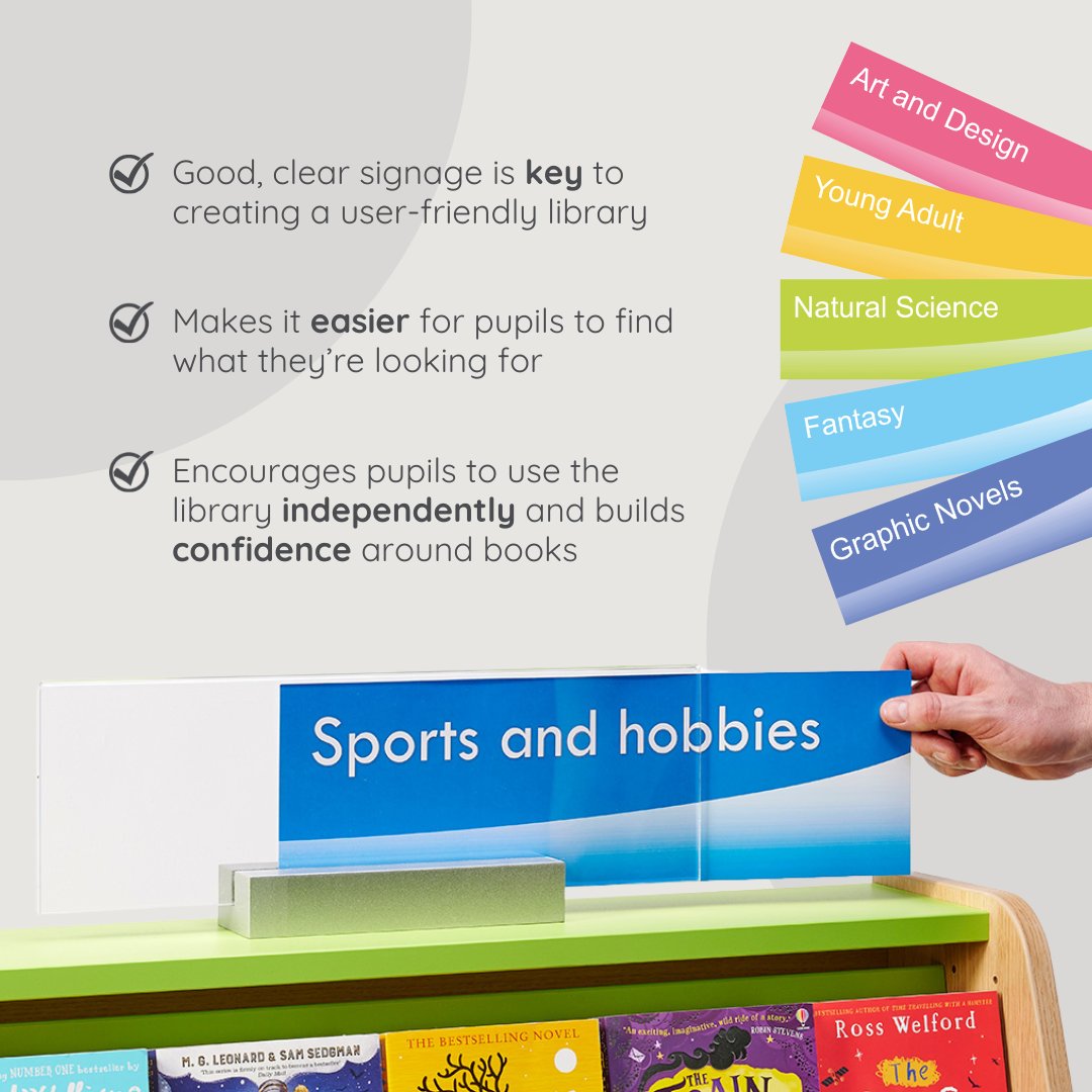 BookSpace's tweet image. Good, clear signage is key to creating a user-friendly library. Designed to sit on any flat-topped bookcase, our Signage Frames offer a flexible solution for organising your book collection. 🛒 Shop now: ow.ly/fWcU50U4hR9 #librarysignage #shelving #libraries #librarian