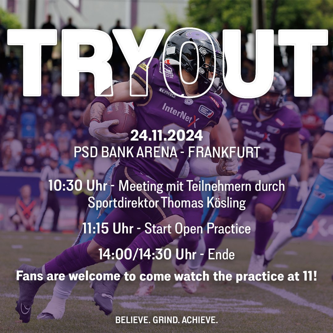 Invitational TRYOUT‼️ 

Am Sonntag, 24.11.2024 findet unser Try Out an der PSD Bank statt!

Fans sind willkommen vorbei zu schauen beim Training ab 11 Uhr und die Jungs anzufeuern! 

Wir freuen uns auf Euch! 

#FrankfurtGalaxy #PurpleFamily #AmericanFootball #ELF25 #TryOut