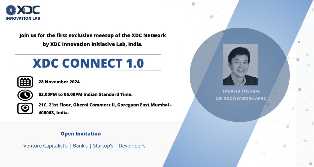 omkarxinfin's tweet photo. "XDC Connect 1.0"
Join us for the first exclusive meetup of the #XDCNetwork by XDC Innovation Initiative Lab, India.
๐
28th Nov 2024
โฐ 3-5 PM IST
๐ 21C, Oberoi Commerz II, Goregaon East, Mumbai - 63.
Agenda:
- XDC Network Introduction by Tadashi Yoshida from SBI XDC Network APAC @sbivc_official @tashiten_tad #Japan
- Ecosystem Partner Showcase: #Storx @StorXNetwork by @Prashant_Storx & #LawBlocks @lawblockstoken by @baphanaAshish
- Networking Session
Letโs shape the future of blockchain!
#XDC #XDCIndia #Blockchain #Web3 #XDCConnect #WeAreXDC #BuildOnXDC