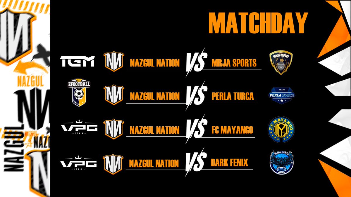 🔶 MATCHDAY 🔶 
Vamos con todo a por los partidos de hoy  🔥

🏆 <a href="/LigaTGM/">Liga TGM</a> 🆚 @MRJAeSport
🏆 <a href="/PLGeFootBall/">PLG España</a> 🆚 #PerlaTurca
🏆 <a href="/VPG_Spain/">Virtual Pro Gaming España</a> 🆚 <a href="/FC_Mayango/">[FCM] FC Mayango</a>
🏆 <a href="/VPG_Spain/">Virtual Pro Gaming España</a> 🆚 <a href="/DarkFenixEsport/">𝘿𝞓𝞒𝞙 𝙁𝞢𝞟𝞘𝞦 𝞢𝙎𝞠𝞗𝞒𝞣𝙎</a>

#GoNN #GoNazgul #NagulOnTop