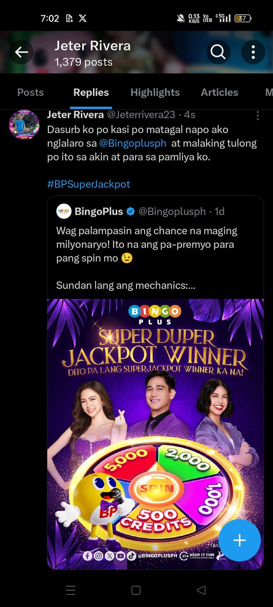 Jeterrivera23's tweet photo. @Bingoplusph Dasurb ko po kasi po matagal napo ako nglalaro sa @Bingoplusph  at malaking tulong po ito sa akin at para sa pamliya ko.

#BPSuperJackpot https://t.co/Y6sJAx9TP6