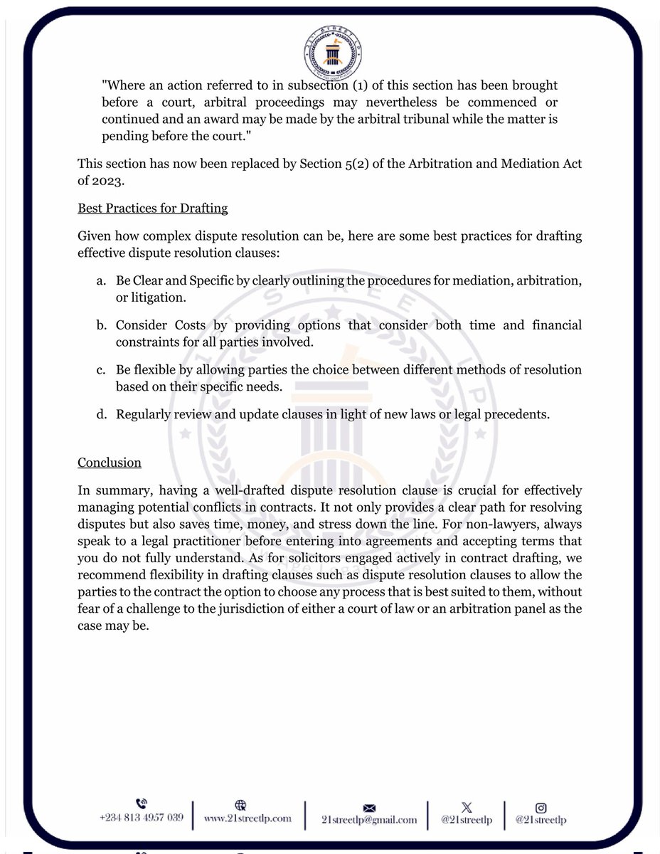 21streetLP's tweet photo. Pro tip: One size doesn't fit all in contract disputes! 📝 Before defaulting to arbitration, consider the deal size, nature, and parties involved. Give them options - not every business disagreement needs an expensive resolution process. #ContractDrafting #LegalTips https://t.co/FR83SKivL4