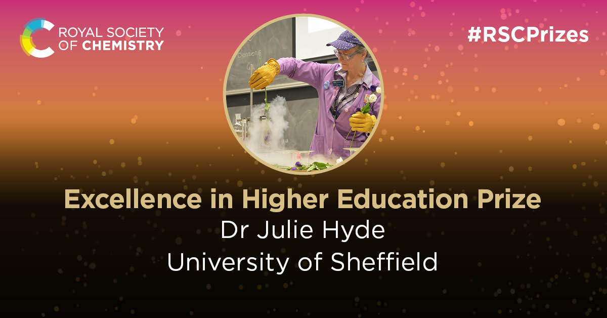 Royal Society of Chemistry (@roysocchem) on Twitter photo Julie Hyde <a href="/DrJulieHyde/">Julie Hyde</a> (<a href="/sheffielduni/">The University of Sheffield</a>) wins the Excellence in Higher Education Prize, for her support of graduate teaching assistants, development of a new undergraduate teaching laboratory programme, & support of the national Secondary and FE group. rsc.li/3AQRAqf Julie Hyde <a href="/DrJulieHyde/">Julie Hyde</a> (<a href="/sheffielduni/">The University of Sheffield</a>) wins the Excellence in Higher Education Prize, for her support of graduate teaching assistants, development of a new undergraduate teaching laboratory programme, & support of the national Secondary and FE group. rsc.li/3AQRAqf