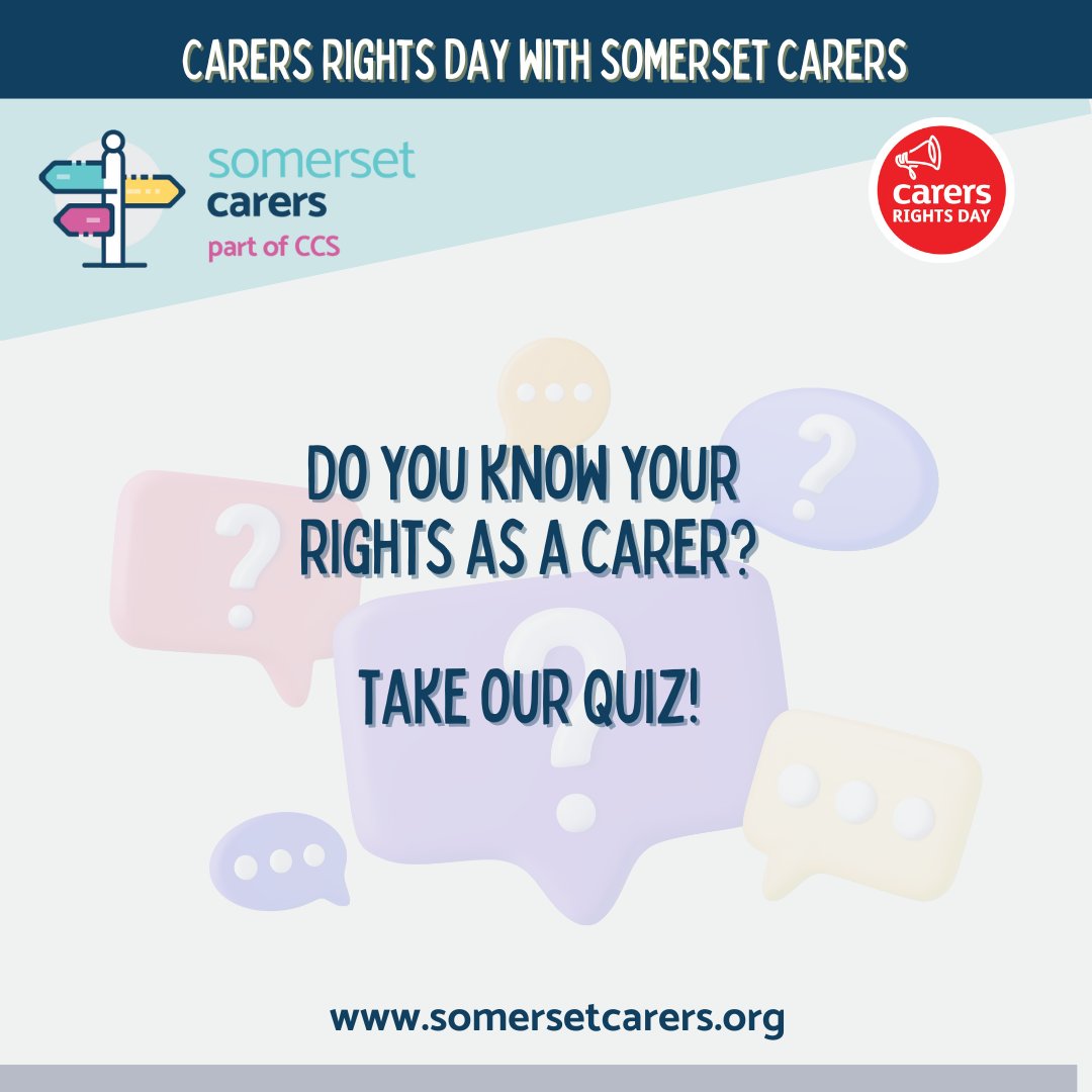 🌟 Carers Rights Day is this Thursday, November 21st! 🌟
Do you know your rights as a Carer? 
Test your knowledge by taking our quiz! 

👉 Visit: somersetcarers.org/carers-rights-…

 #CarersRights #CarersSupport #KnowYourRights #CarersQuiz #CarersRights2024