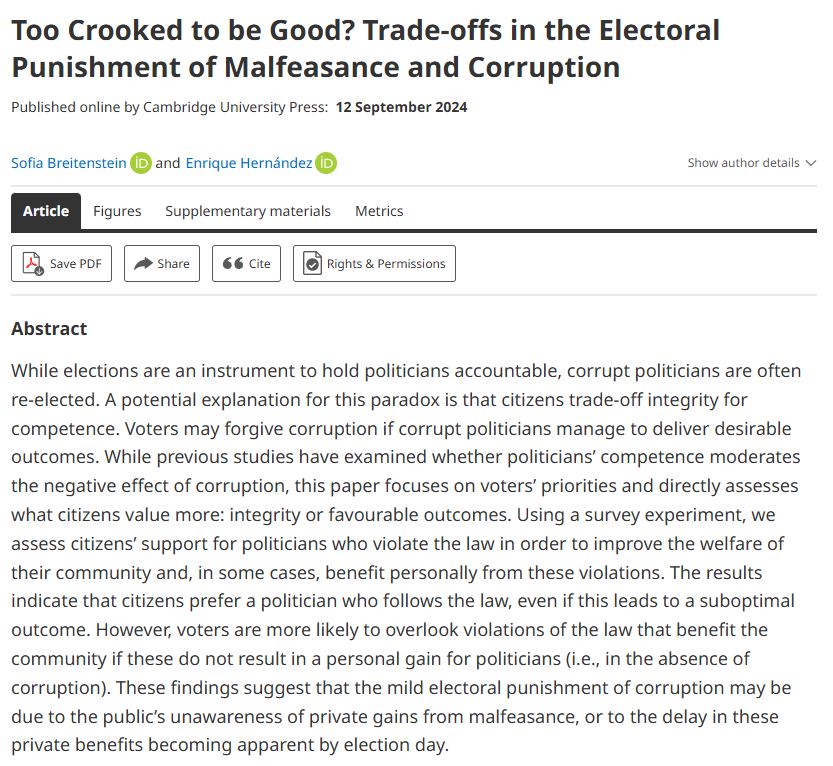Institut Barcelona d'Estudis Internacionals (@ibei) on Twitter photo 🔎 Too #Crooked to be Good?
<a href="/sofiabrei/">Sofia Breitenstein</a> (@ibei) and <a href="/EHernandezPe/">Enrique Hernández</a> (@uabbarcelona) explore in this paper voters’ priorities, directly assessing what citizens value more: #Integrity or favorable outcomes.
🔗Published in <a href="/EPSRjournal/">European Political Science Review</a>: bit.ly/4egi56U 🔎 Too #Crooked to be Good?
<a href="/sofiabrei/">Sofia Breitenstein</a> (@ibei) and <a href="/EHernandezPe/">Enrique Hernández</a> (@uabbarcelona) explore in this paper voters’ priorities, directly assessing what citizens value more: #Integrity or favorable outcomes.
🔗Published in <a href="/EPSRjournal/">European Political Science Review</a>: bit.ly/4egi56U