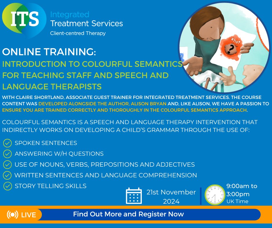 We still have availability for our online Colourful Semantics Training on 21st November - find out more and register here - eventbrite.co.uk/e/online-colou… <a href="/SpeechAndLangUK/">Speech and Language UK</a> <a href="/sencochat/">SENCO Chat Network</a> <a href="/SENMAGAZINE/">SEN Magazine</a> <a href="/teachergoals/">TeacherGoals</a> <a href="/WeAreTeachers/">We Are Teachers</a> #speechtherapy #colourfulsemantics
