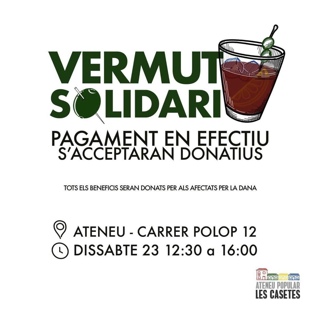 Hola a totes i tots! Seguim recaptant diners per a donar suport econòmic als afectats per la DANA ✊🏻

El dissabte 23 celebrarem un vermut solidari, i la recaptació anirà a la Muixeranga d’Algemesí, que està oferint ajuda directa a persones, famílies i associacions afectades.
