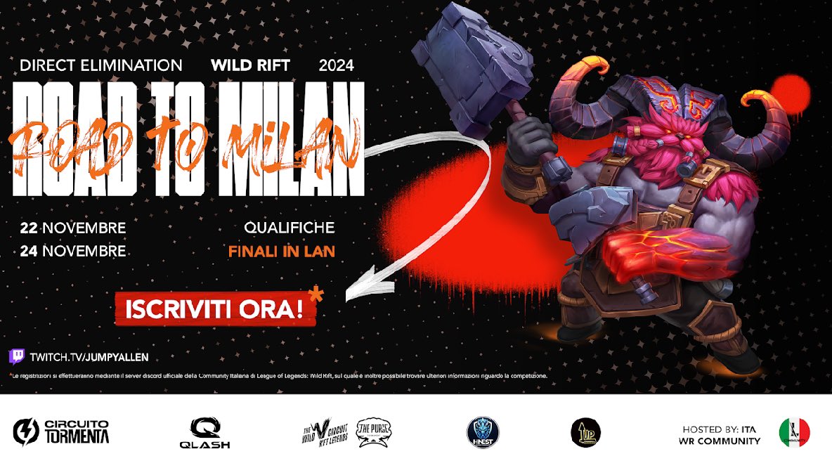 wlgitaly's tweet image. SIAMO LIETI DI ANNUNCIARVI IL ROAD TO MILAN📍🗺️ CON FINALE IL 24 NOVEMBRE IN LAN AL MILANO GAMES WEEK!!!💣🔥

📆 22 Novembre Qualificazioni
⏰ 18:00 CET
🎮 Bo3 - Direct Elimination

📆 24 Novembre Finale LAN
⏰ 14:00 CET
🎮 Bo5

👉 discord.gg/Sek5bd6XPy

@wildriftIT #WildRift