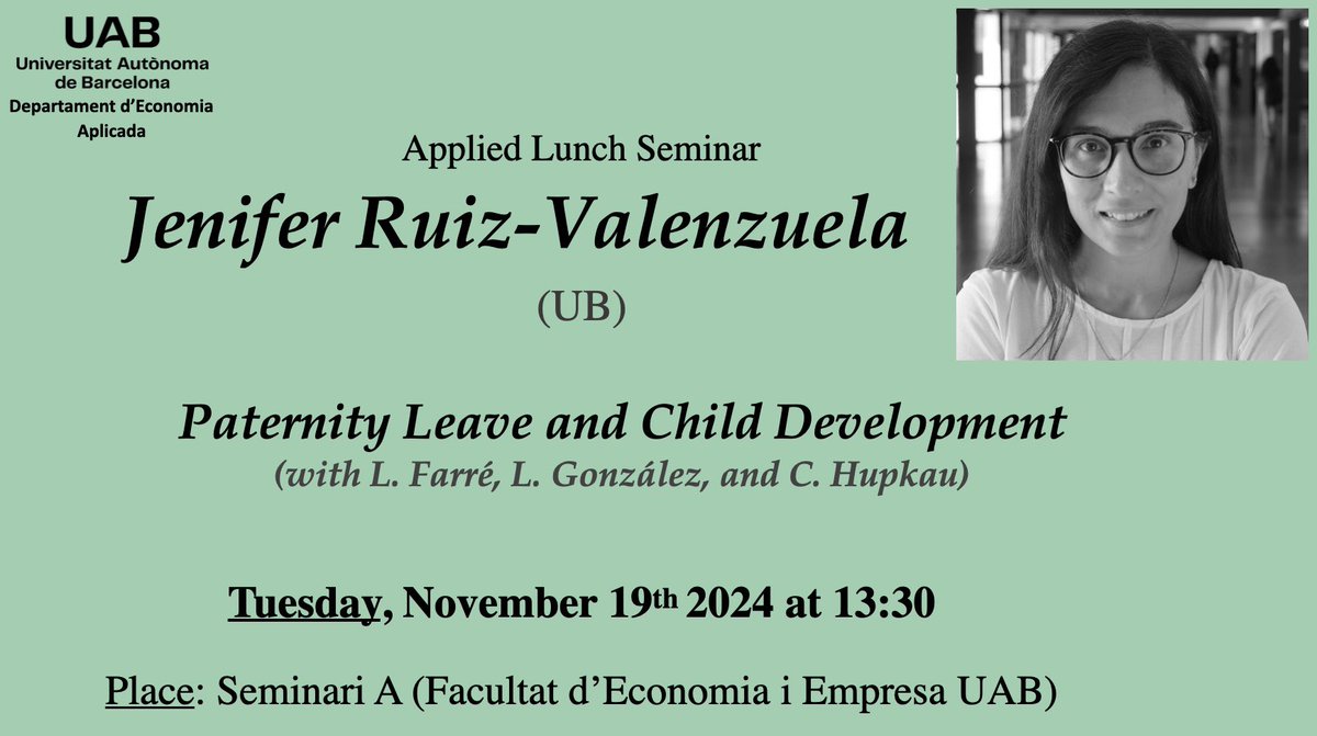 Today we have <a href="/RuizvalenzuelaJ/">Jenifer Ruiz-Valenzuela</a> presenting at our Applied Lunch Seminar

🕐 13:30
📍 Seminari A