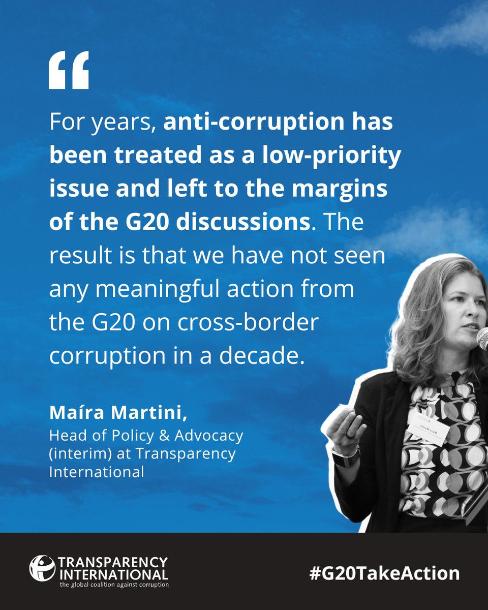 Transparency International (@anticorruption) on Twitter photo “For years, anti-corruption has been treated as a low-priority issue & left to the margins of the <a href="/g20org/">G20 South Africa</a> discussions. The result: we haven't seen any meaningful action from G20 on cross-border corruption in a decade." - <a href="/mairarmartini/">Maíra Martini</a>. #G20TakeAction!
➡️ anticorru.pt/371 “For years, anti-corruption has been treated as a low-priority issue & left to the margins of the <a href="/g20org/">G20 South Africa</a> discussions. The result: we haven't seen any meaningful action from G20 on cross-border corruption in a decade." - <a href="/mairarmartini/">Maíra Martini</a>. #G20TakeAction!
➡️ anticorru.pt/371