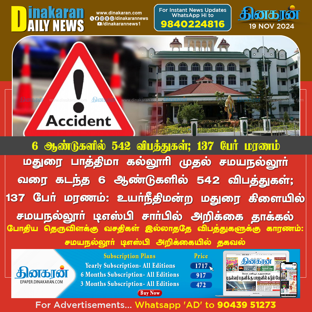 DinakaranNews's tweet photo. மதுரை பாத்திமா கல்லூரி முதல் சமயநல்லூர் வரை கடந்த 6 ஆண்டுகளில் 542 விபத்துகள��; 137 பேர் மரணம்

#Madurai | #Accident | #DinakaranNews https://t.co/zEl4SUAE5Z