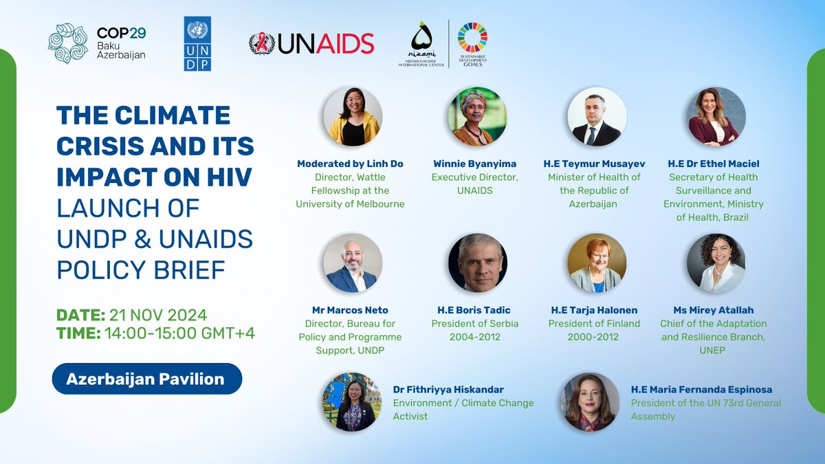 Winnie_Byanyima's tweet photo. We must adapt our global HIV response to the realities of climate change. 

I'm heading to #COP29 to launch the new @UNAIDS/@UNDP policy brief on the Climate Crisis & Its Impact on HIV, hosted by @NizamiGanjaviIC, w/@BorisTadic58 @fiftyfitri @EthelMaciel @mfespinosaEC + others.