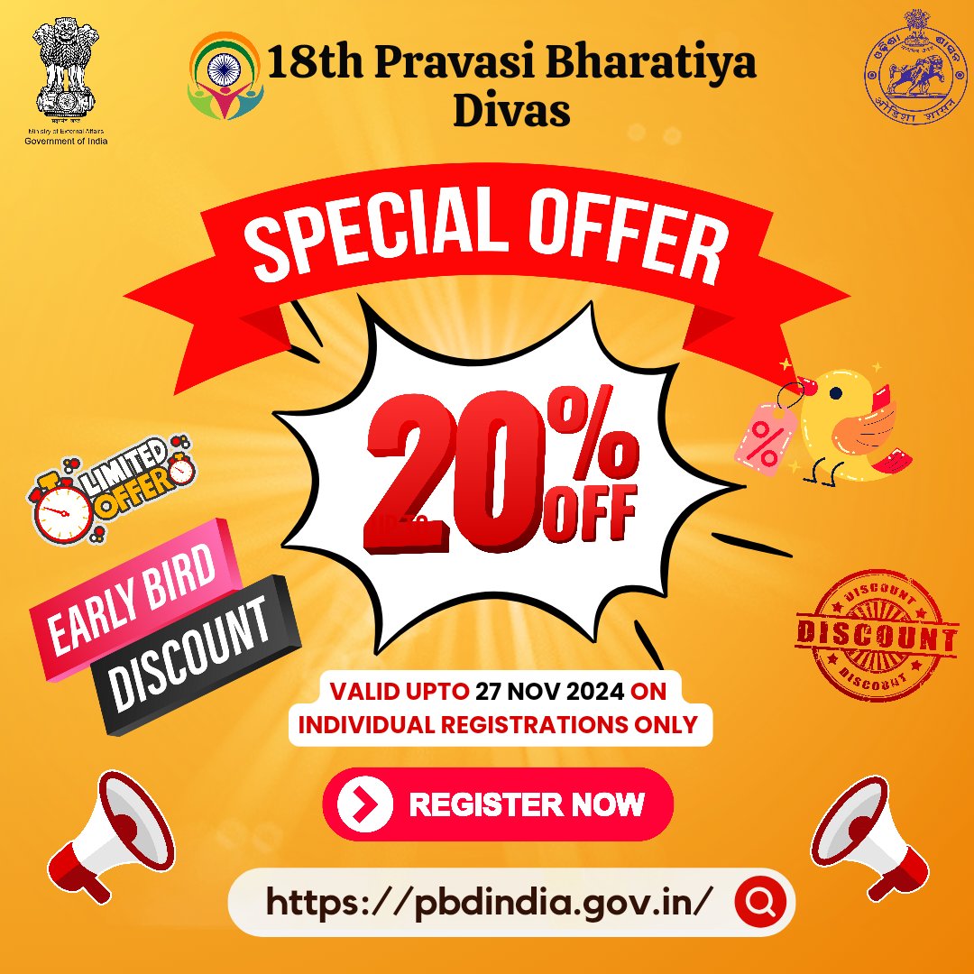 diaspora_india's tweet image. Dear #BharatiyaPravasis, are you
excited to JOIN the upcoming
#PravasiBharatiyaDivas Convention at
Bhubaneswar in Odisha from 8-10 Jan
2025? Did you know #GOI&apos;s &quot;Early
Bird&quot; offer? REGISTER TILL 27 Nov
2024 &amp;amp; GET 20% DISCOUNT ON 
REGISTRATION!
#PBD2025 #18PBD