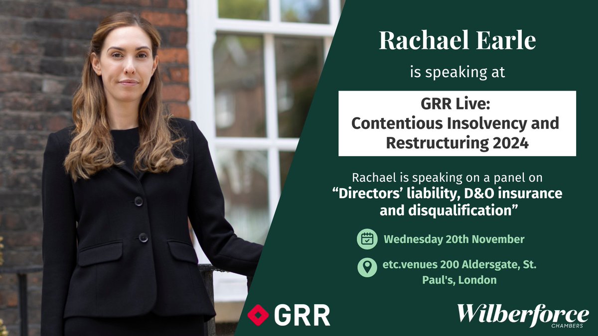 Tomorrow, Rachael Earle is speaking at GRR Live: Contentious Insolvency and Restructuring 2024.
 
Rachael is speaking on a panel on “Directors’ liability, D&amp;O insurance and disqualification”. 

Read more: lnkd.in/ebrd-fz3