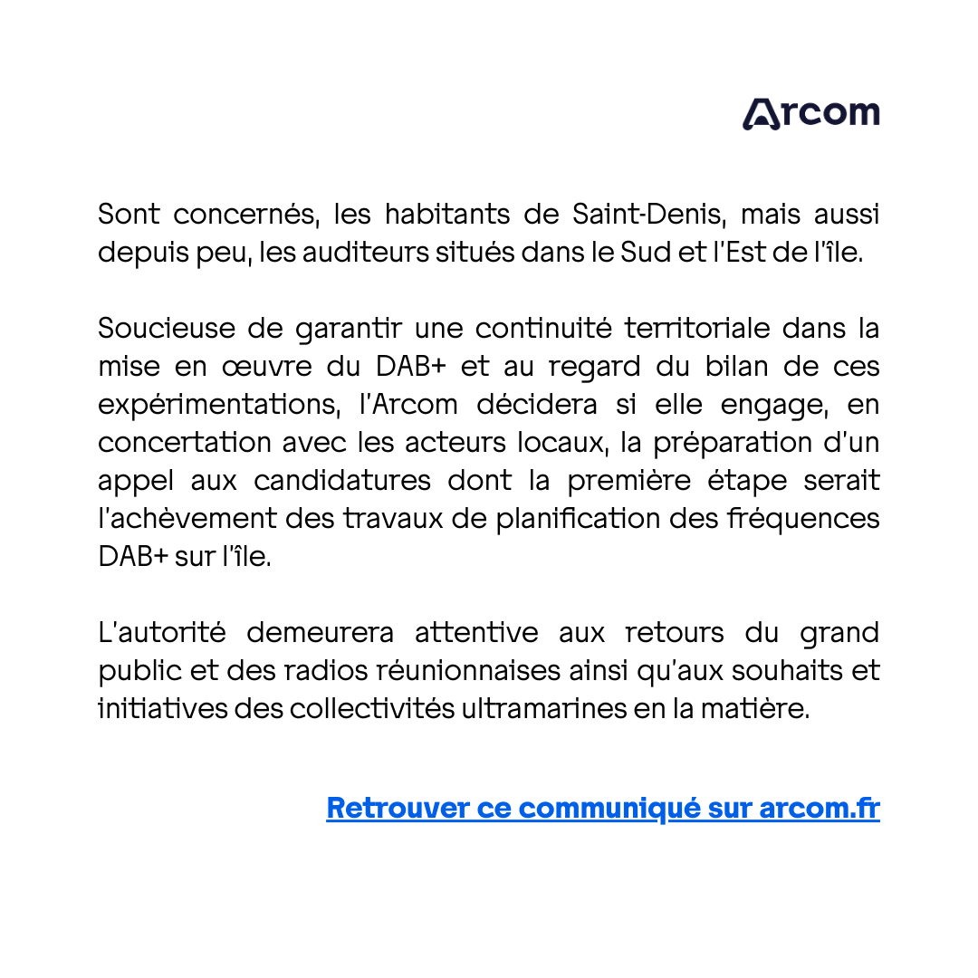 Arcom_fr's tweet photo. 🔈 #DABplus | Les expérimentations en radio numérique DAB+ se déploient à #LaRéunion 🔽

Le communiqué de presse : https://t.co/p1jXUQVfHP