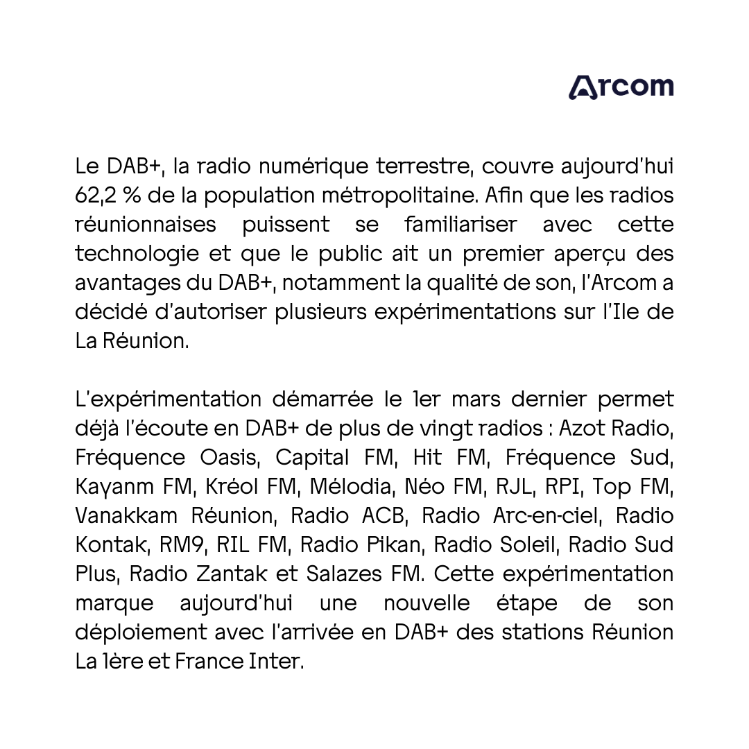 Arcom_fr's tweet photo. 🔈 #DABplus | Les expérimentations en radio numérique DAB+ se déploient à #LaRéunion 🔽

Le communiqué de presse : https://t.co/p1jXUQVfHP
