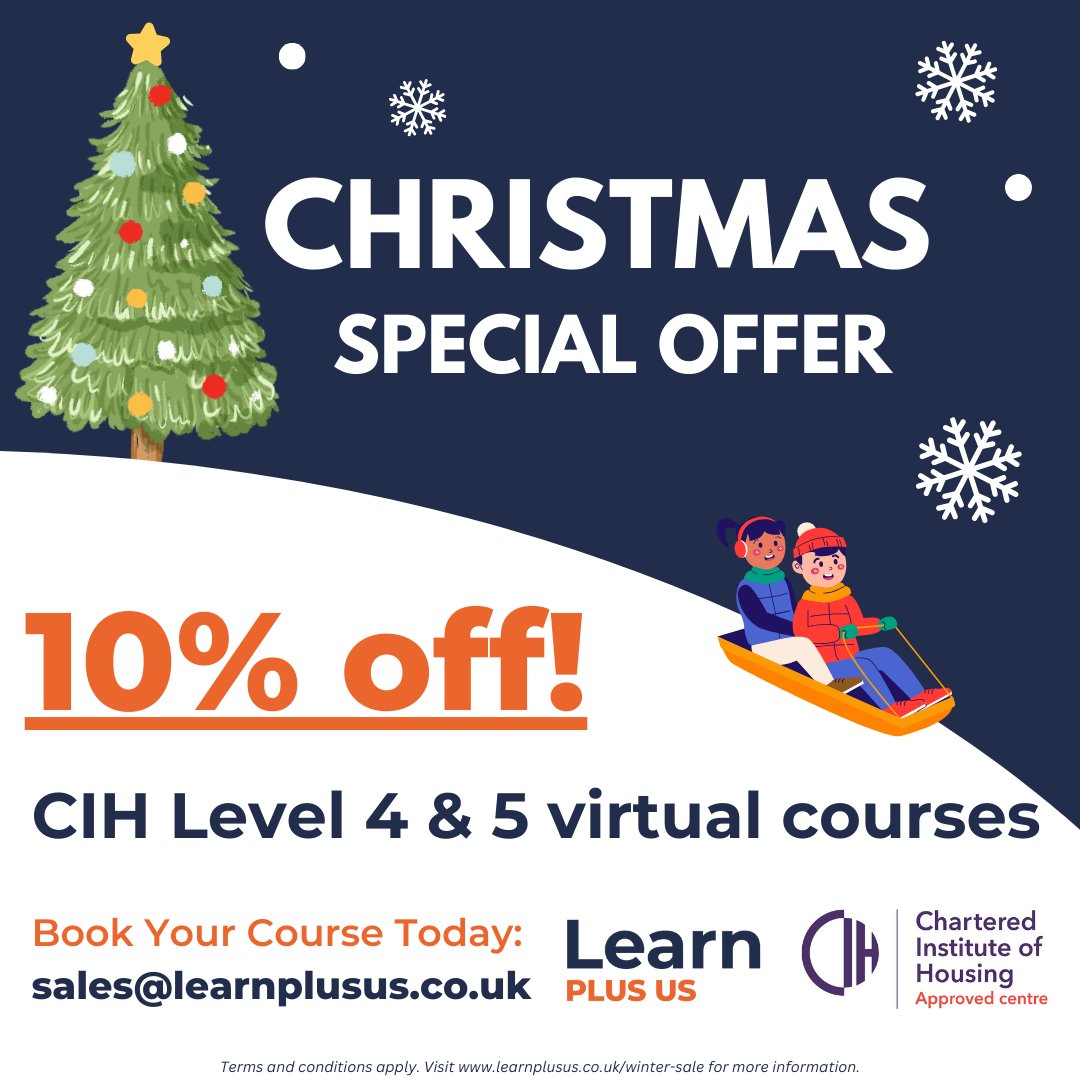 LearnPlusUs's tweet photo. 🎄 Christmas Sale Time! 🎄

This festive season, invest in your future with 10% OFF our CIH Level 4 &amp; 5 Virtual Courses!

Enrol your team before the 20th December by contacting sales@learnplusus.co.uk.

#HousingProfessionals #SocialHousing #ProfessionalDevelopment #VirtualCourses https://t.co/vj15BKqlX7