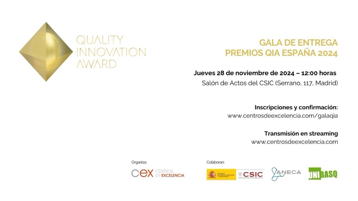MadridExcelente's tweet photo. ⭐ @madridexcelente  y @centroscex  te invitan a la gala de entrega de los Premios #QIA 2024, en su fase nacional.

🗓️ 28 de noviembre
🕛 12h
📍 Salón de actos del @csic  (c/Serrano, 117, Madrid).
👉 Asistencia gratuita. Aforo ilimitado. Inscríbete:

https://t.co/enQjgnUoDy https://t.co/0tsHiyFn7W