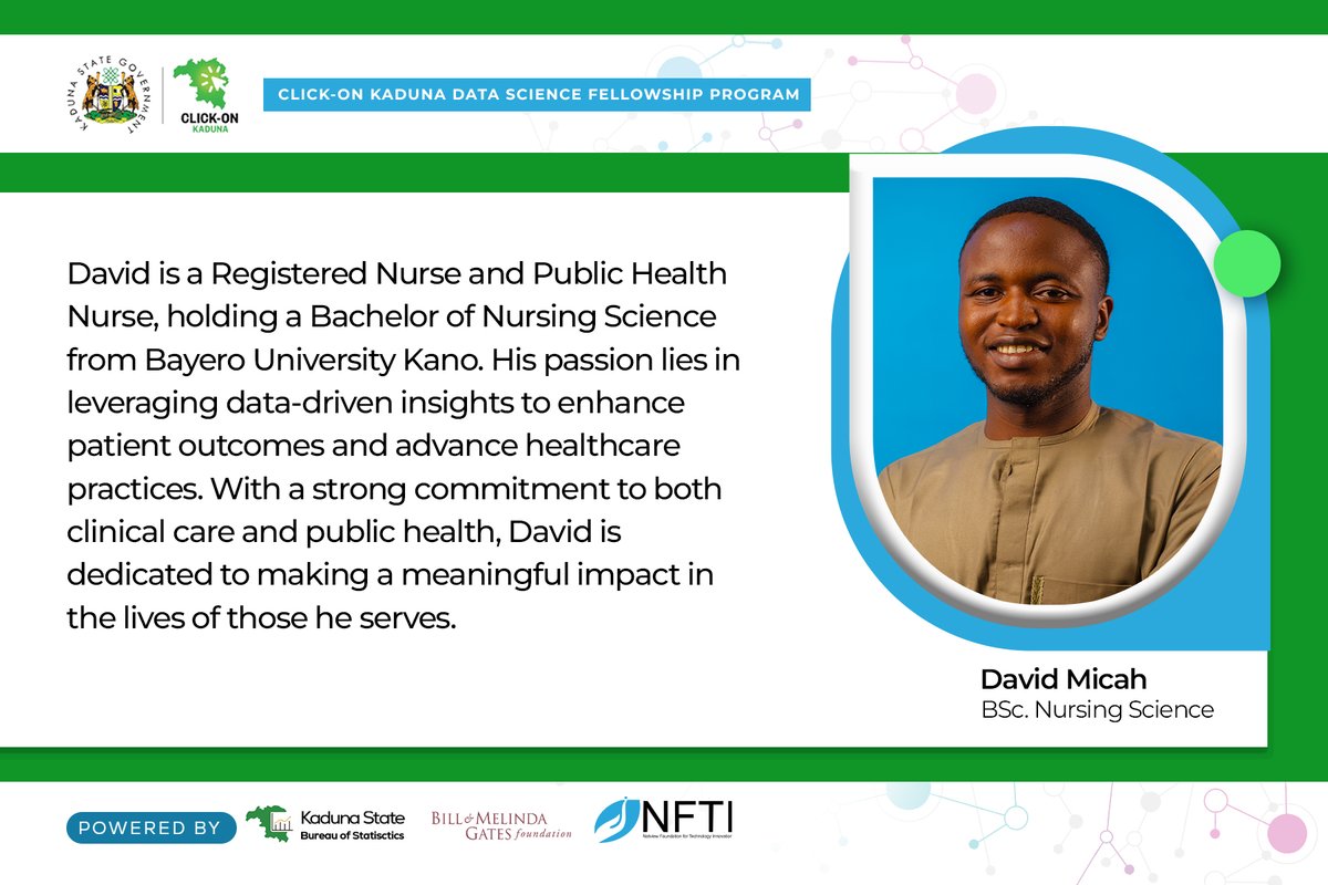 #MeetOurFellow 
David is a public health nurse whose passion lies in leveraging data-driven insights to advance healthcare practices in Kaduna State.
#ClickOnKadunaDSFP #DataScience