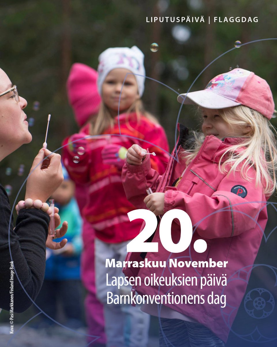 Tänään liputamme lapsen oikeuksien päivän kunniaksi. 🇫🇮

Lapsen oikeuksien sopimus on osa Suomen oikeusjärjestystä ja voimassa lakina Suomessa.

I dag flaggar vi för barnkonventionens dag. 🇫🇮

Barnkonventionen ingår i Finlands rättssystem och gäller som lag i Finland.