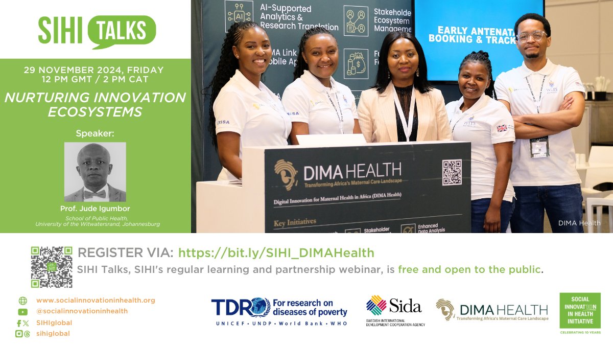 Join us on November 29, 2024, as <a href="/Dima_health/">DIMA Health</a> shares how they nurture collaborative ecosystems for health innovation and use digital tools to engage stakeholders and drive impactful solutions.
 
Time: 12 PM GMT | 2 PM CAT
 Register: bit.ly/SIHI_DIMAHealth