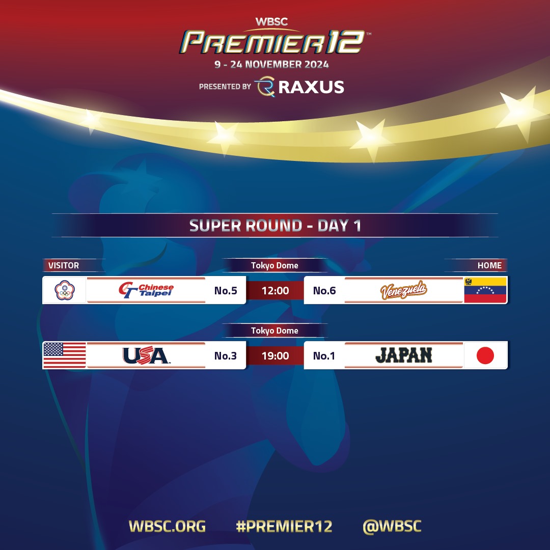 4⃣ TEAMS AND 1⃣ GOAL

🔥🔜 The WBSC Premier12 2024 presented by RAXUS Super Round is around the corner. 
📆 Check out the Super Round Day 1 Schedule.

#Premier12 || <a href="/Premier12/">Premier12 presented by RAXUS</a>