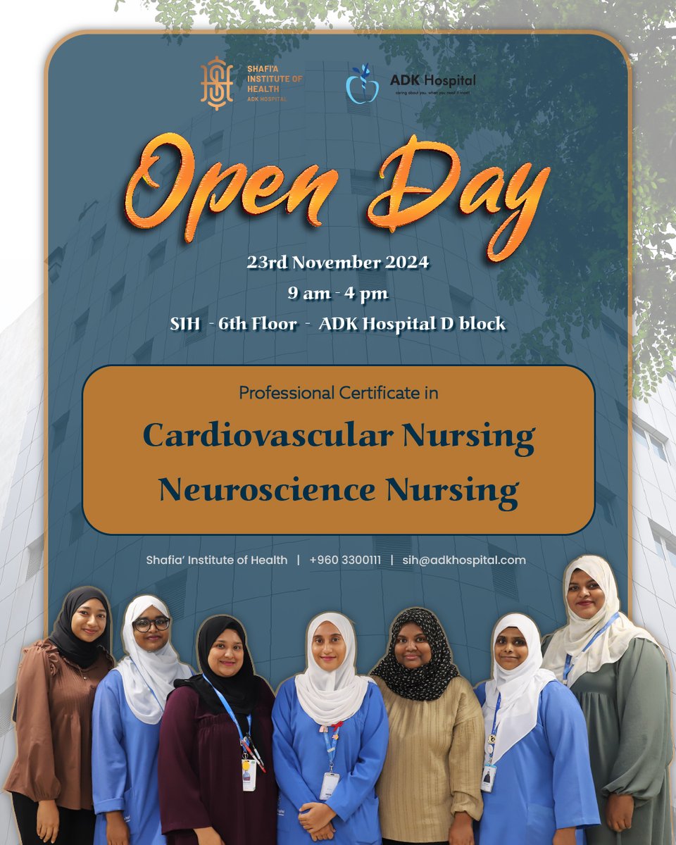 OPEN DAY
23rd November

Learn more about nursing specialty courses at <a href="/ShafiaInstitute/">Shafi'a Institute of Health</a>  

#NursingSpecialtyCourse #SIH #ADKHospital #HealthCare