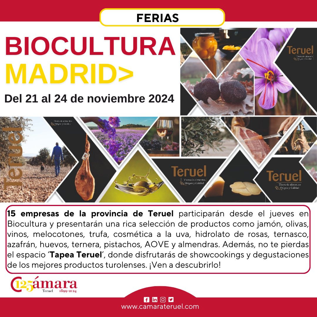 FERIAS.

📌15 empresas de la provincia de Teruel participarán desde este jueves en la Feria Biocultura de Madrid, el mayor evento de productos ecológicos y consumo responsable en España.

¡Ven a descubrirlo!😃
<a href="/DPTeruel/">Diputación de Teruel - DPT</a> 
<a href="/laojinegra/">La Ojinegra</a>