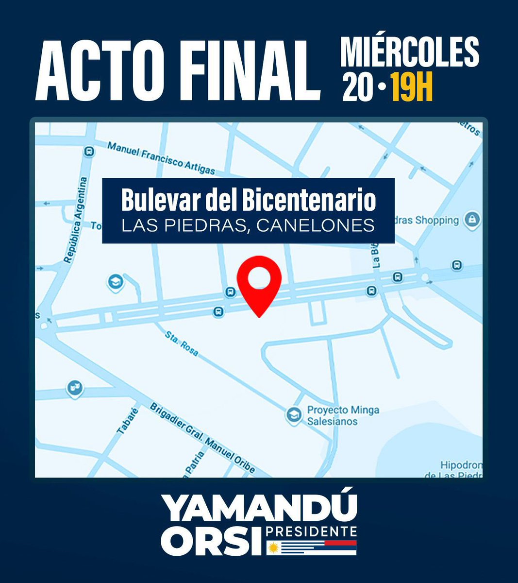 FaCanelones's tweet photo. ¡MAÑANA ACTO FINAL! 🥳 será una verdadera fiesta ✨✌️

📍Las Piedras, Bulevar del Bicentenario. 
🗓️Miércoles 20 de noviembre
🕢19 horas

Yamandú Orsi presidente 🗳️
Sabremos cumplir🇺🇾 https://t.co/zgOgZn0ql4