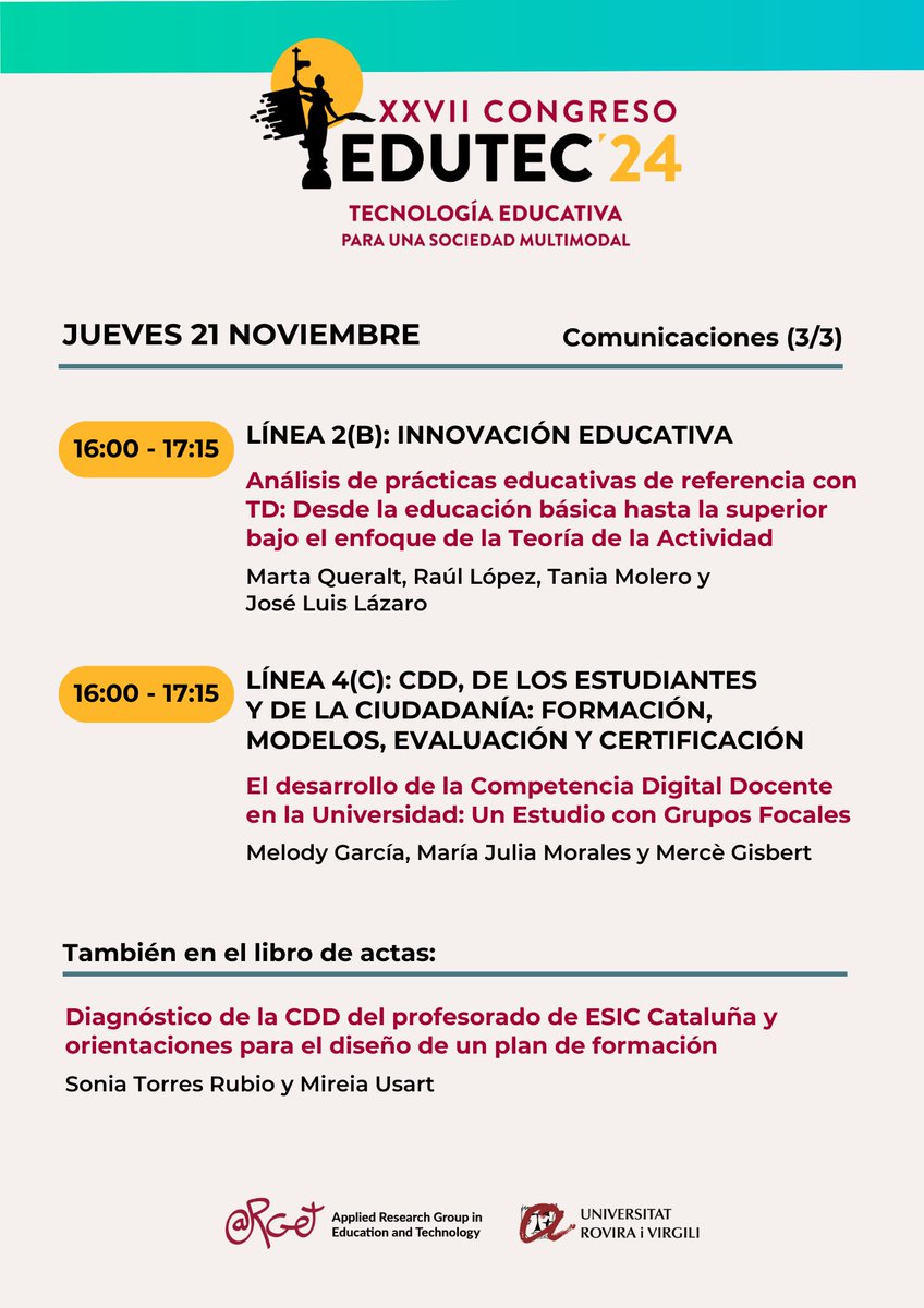 ARGET (@argeturv) on Twitter photo <a href="/edutec_24/">EDUTEC 2024</a> <a href="/rrebolledo/">Roxana Rebolledo Font de la Vall</a> <a href="/Merce_G/">Mercè Gisbert</a> <a href="/yonaborden/">Yonathan Borden</a> <a href="/lores_beatriz/">Beatriz Lores Gómez</a> <a href="/oriol_nadal_/">Oriol Nadal Solanas</a> <a href="/mireiausart/">Mireia Usart</a> <a href="/CristinaValls06/">Cristina Valls</a> 🔸La tarde del jueves #edutec2024, presentaremos:
- Análisis de prácticas educativas de referencia con #TD: Desde la educación básica hasta la superior bajo el enfoque de la Teoría de la Actividad vinculado a #OCODE y #EDSSE
- El desarrollo de la #CDD en la Universidad <a href="/UTECuy/">Universidad Tecnológica</a> <a href="/edutec_24/">EDUTEC 2024</a> <a href="/rrebolledo/">Roxana Rebolledo Font de la Vall</a> <a href="/Merce_G/">Mercè Gisbert</a> <a href="/yonaborden/">Yonathan Borden</a> <a href="/lores_beatriz/">Beatriz Lores Gómez</a> <a href="/oriol_nadal_/">Oriol Nadal Solanas</a> <a href="/mireiausart/">Mireia Usart</a> <a href="/CristinaValls06/">Cristina Valls</a> 🔸La tarde del jueves #edutec2024, presentaremos:
- Análisis de prácticas educativas de referencia con #TD: Desde la educación básica hasta la superior bajo el enfoque de la Teoría de la Actividad vinculado a #OCODE y #EDSSE
- El desarrollo de la #CDD en la Universidad <a href="/UTECuy/">Universidad Tecnológica</a>