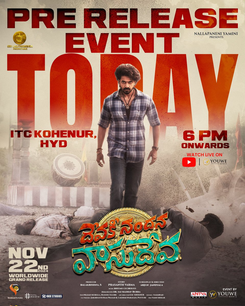 Today Box Office (@todayboxoffice) on Twitter photo For the FIRST TIME EVER,
EXPERIENCE THE UNSEEN β€οΈβπ₯
Watch the FIRST 5 MINUTES of
#DevakiNandanaVasudeva
EXCLUSIVELY at the PRE-RELEASE EVENT Today at ITC Kohenur, Hydπ
#DNVonNov22 π€©
<a href="/AshokGalla_/">Ashok Galla</a> <a href="/varanasi_manasa/">Manasa Varanasi</a> <a href="/ArjunJandyala/">Arjun Jandyala</a> <a href="/PrasanthVarma/">Prasanth Varma</a> <a href="/DevdattaGNage/">Devdatta G Nage</a> <a href="/getupsrinu3/">GETUPSRINU</a> For the FIRST TIME EVER,
EXPERIENCE THE UNSEEN β€οΈβπ₯
Watch the FIRST 5 MINUTES of
#DevakiNandanaVasudeva
EXCLUSIVELY at the PRE-RELEASE EVENT Today at ITC Kohenur, Hydπ
#DNVonNov22 π€©
<a href="/AshokGalla_/">Ashok Galla</a> <a href="/varanasi_manasa/">Manasa Varanasi</a> <a href="/ArjunJandyala/">Arjun Jandyala</a> <a href="/PrasanthVarma/">Prasanth Varma</a> <a href="/DevdattaGNage/">Devdatta G Nage</a> <a href="/getupsrinu3/">GETUPSRINU</a>