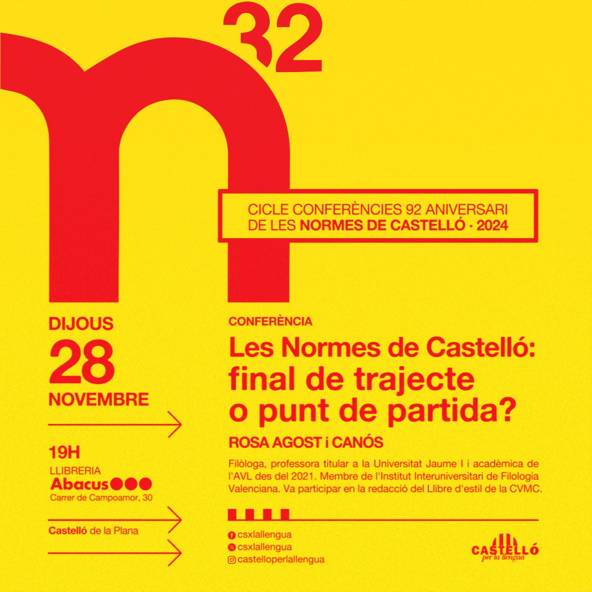 Les Normes de Castelló: final de trajecte o punt de partida? 📚

👅Conferència de la mà de Rosa Agost i Canós que ens ajudarà a entendre les implicacions i la importància d'aquest dia tan assenyalat! 🔥

📅Us esperem a @castello_abacus el proper dijous 28 de novembre a les 19h!