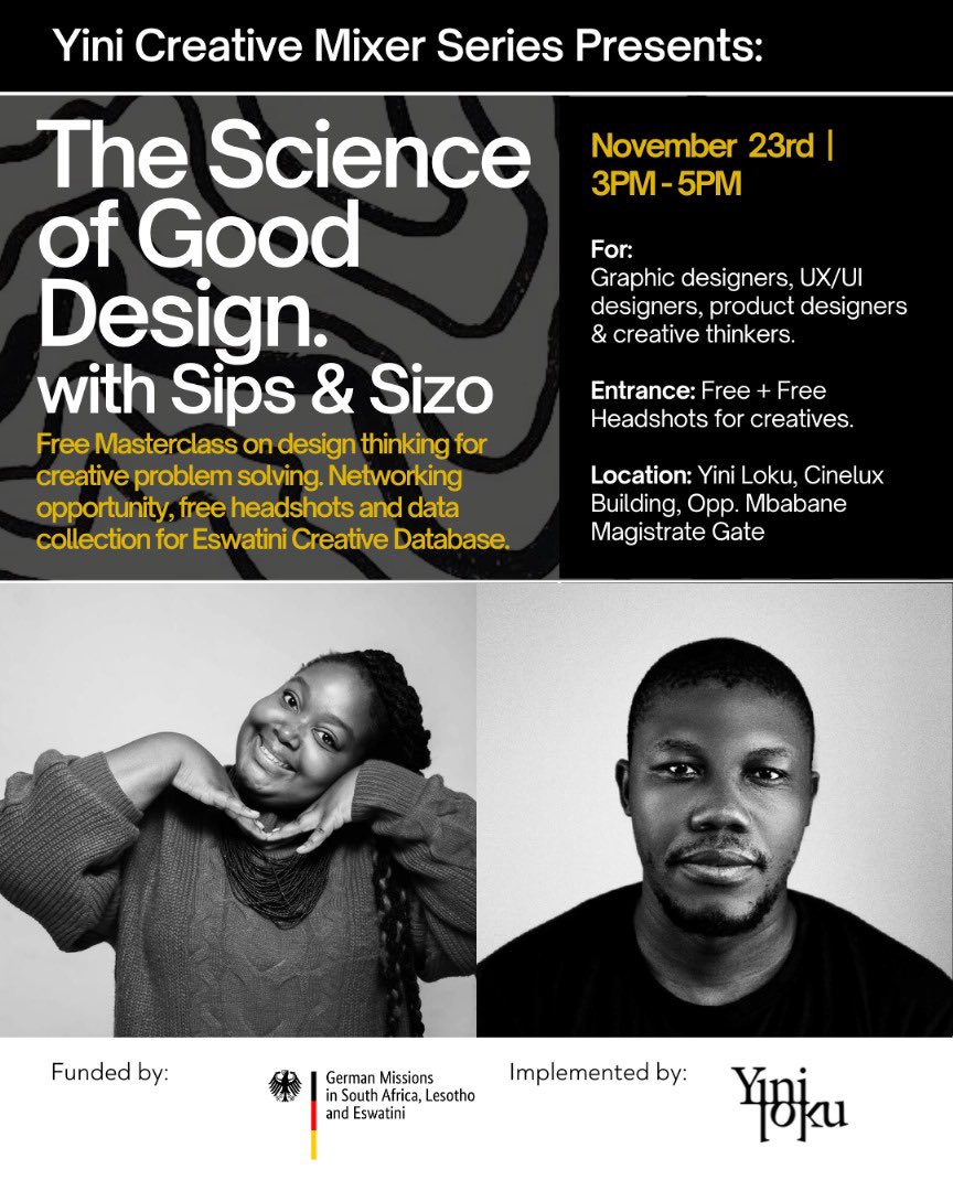Antidote Culture Foundation (@antidoteculture) on Twitter photo ๐ฃ๏ธCalling all designers + creative thinkers!
Join us Nov 23 (3โ5 PM) for a fun, practical masterclass funded by <a href="/GermanyinSA/">Germany in SA</a> on design thinking, from crafting timeless designs to creative solving problems.
Free entry,headshots + Eswatini Creatives Database signup!
๐Yini Loku ๐ฃ๏ธCalling all designers + creative thinkers!
Join us Nov 23 (3โ5 PM) for a fun, practical masterclass funded by <a href="/GermanyinSA/">Germany in SA</a> on design thinking, from crafting timeless designs to creative solving problems.
Free entry,headshots + Eswatini Creatives Database signup!
๐Yini Loku