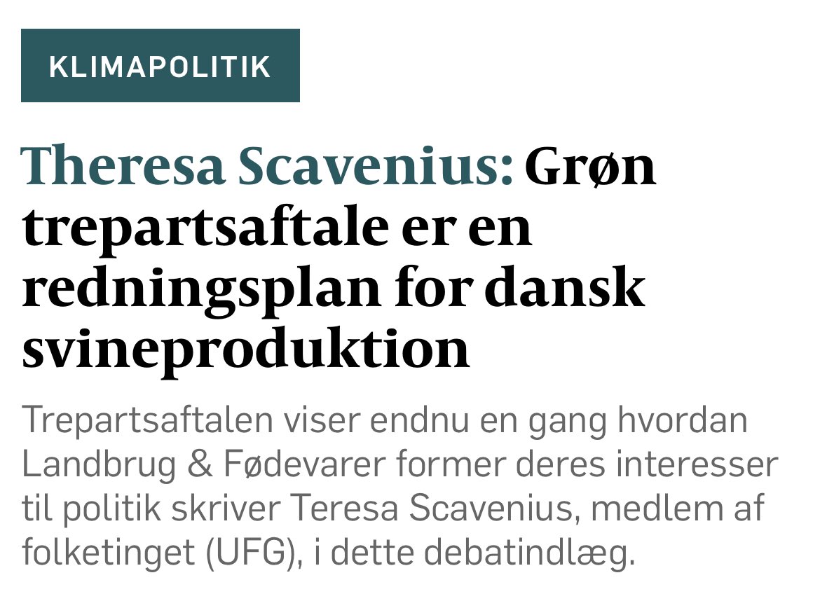 Theresa Scavenius (@tscavenius) on Twitter photo Det er vigtigt at holde fokus på, at partierne <a href="/SFpolitik/">SF</a>, <a href="/radikale/">Radikale Venstre</a> <a href="/KonservativeDK/">Det Konservative Folkeparti</a> og <a href="/LiberalAlliance/">Liberal Alliance</a> har valgt at sige ja til HELE Axelborg-aftalen.
Den består i at fastholde animalsk produktion i Danmark.
Det er hovedlinjen. Det bliver pakket ind i et gensalg og genbesøg Det er vigtigt at holde fokus på, at partierne <a href="/SFpolitik/">SF</a>, <a href="/radikale/">Radikale Venstre</a> <a href="/KonservativeDK/">Det Konservative Folkeparti</a> og <a href="/LiberalAlliance/">Liberal Alliance</a> har valgt at sige ja til HELE Axelborg-aftalen.
Den består i at fastholde animalsk produktion i Danmark.
Det er hovedlinjen. Det bliver pakket ind i et gensalg og genbesøg