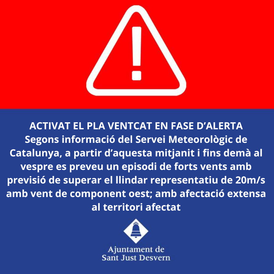 santjustcat's tweet photo. 📢 @emergenciescat ha activat el Pla #VENTCAT en fase d'ALERTA en base a les previsions meteorològiques emeses pel @meteocat  i per les afectacions que es preveu que se'n poden derivar en diversos indrets, entre ells la comarca del Baix Llobregat i el municipi de #SantJust https://t.co/YxOlVVaFhK